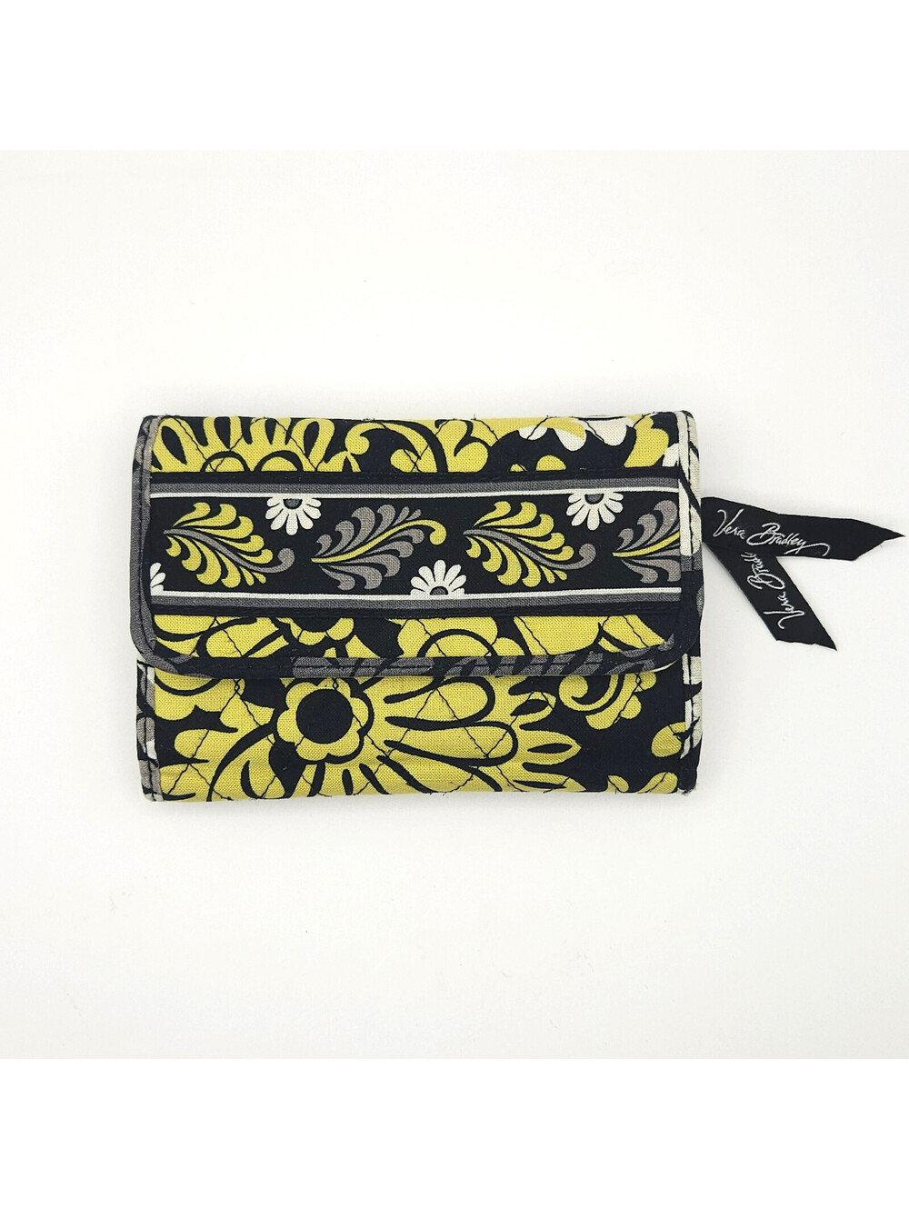 Vera Bradley Quilted Trifold Euro Retired Baroque Wallet Black Yellow Floral